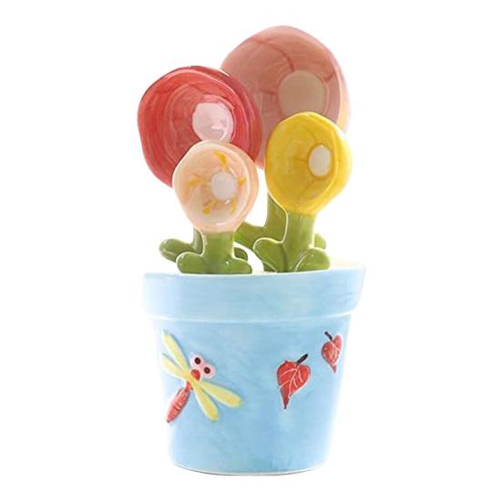 4Pcs Flower Measuring Spoons Set, Ceramic Nesting Measuring Cups with Stand, Cute Kitchen Baking Tool for Coffee Tea, Gift for Bakers