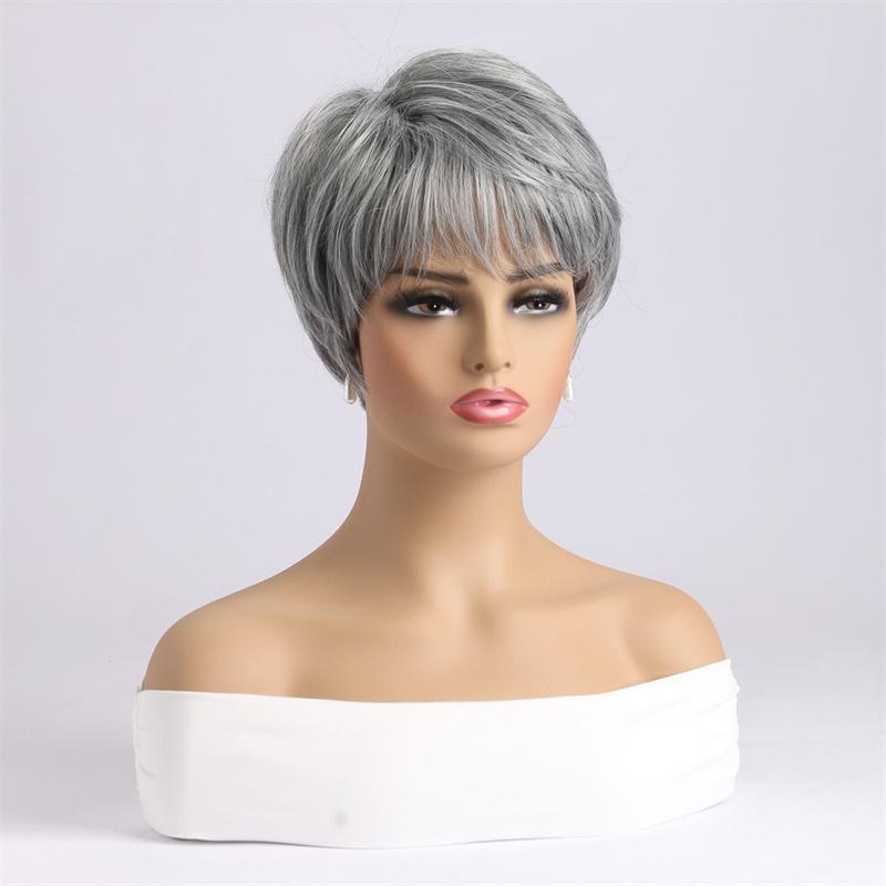 Synthetic Pixie Cut Hairstyle Short Mommy Wig for Women Ombre Dark Grey Straight Wigs with Bangs Elder Woman Grandma
