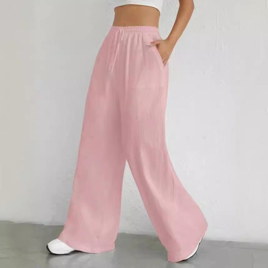 Damen Einfarbig Kordelzug Weitbein Hose Lässig Elastischer Bund Schräge Tasche Hose Für Frühling & Sommer Damenbekleidung