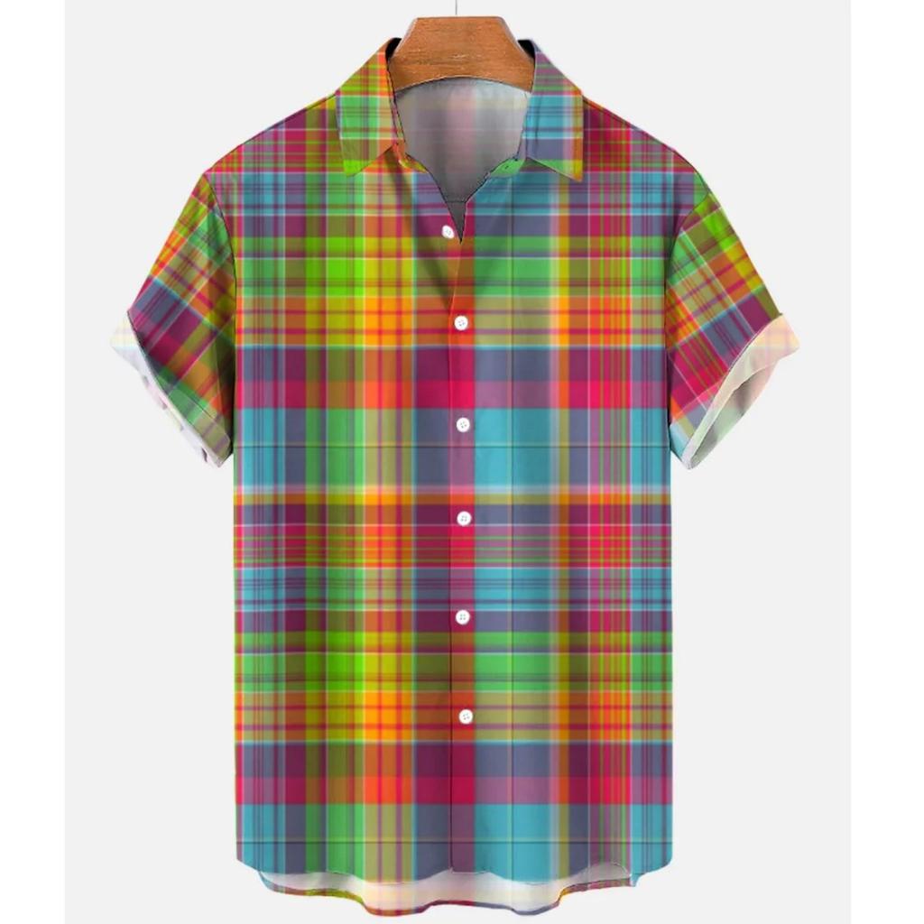 Men's Gradient Striped Short Sleeve Shirt, Loose Fit Casual Button-Down Top for Daily Commute and Vacation Wear