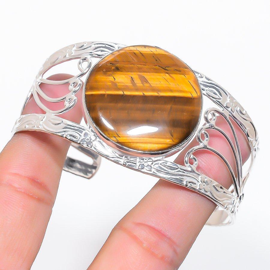 Tiger Eye Gemstone 925 Sterling Silver Cuff Bangle Adjustable