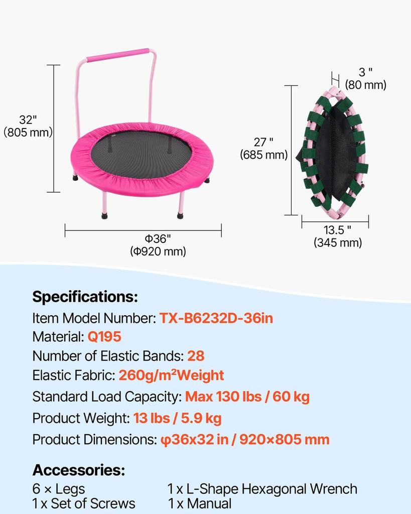 36" Trampoline for Kids Foldable Mini Toddler Trampoline Indoor Outdoor