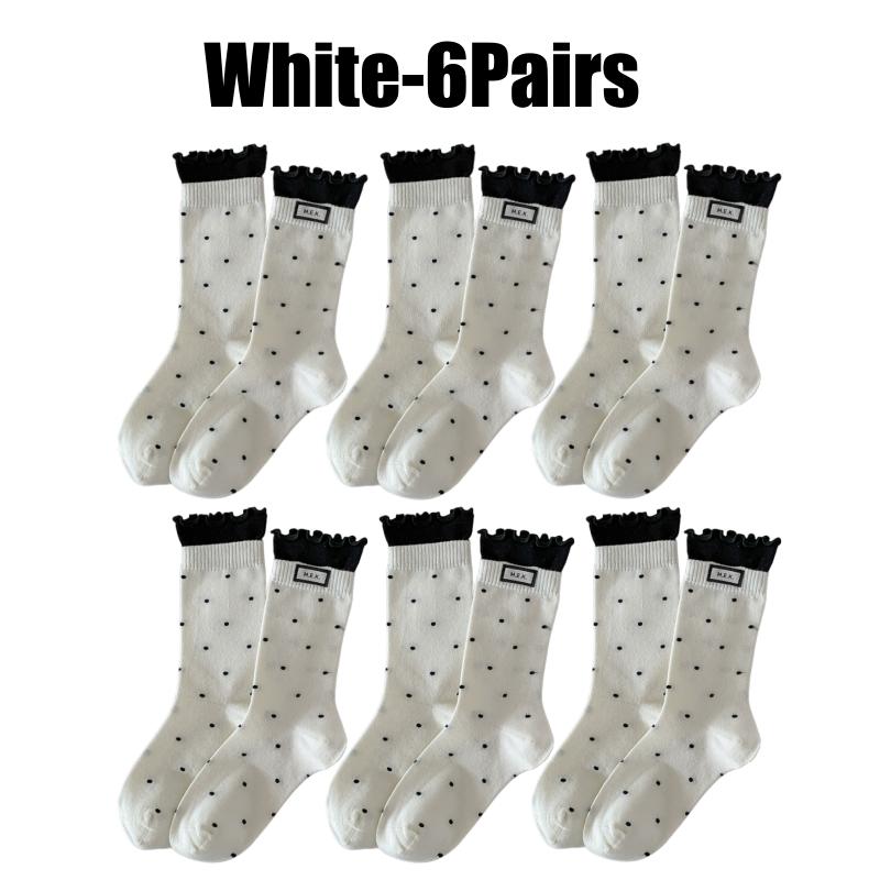 Womens Polka Dot Mid Crew Socks Ballet Style Delicate Lace Edging and Ruffle Trim Fashion Woven Label Simple Design Socks