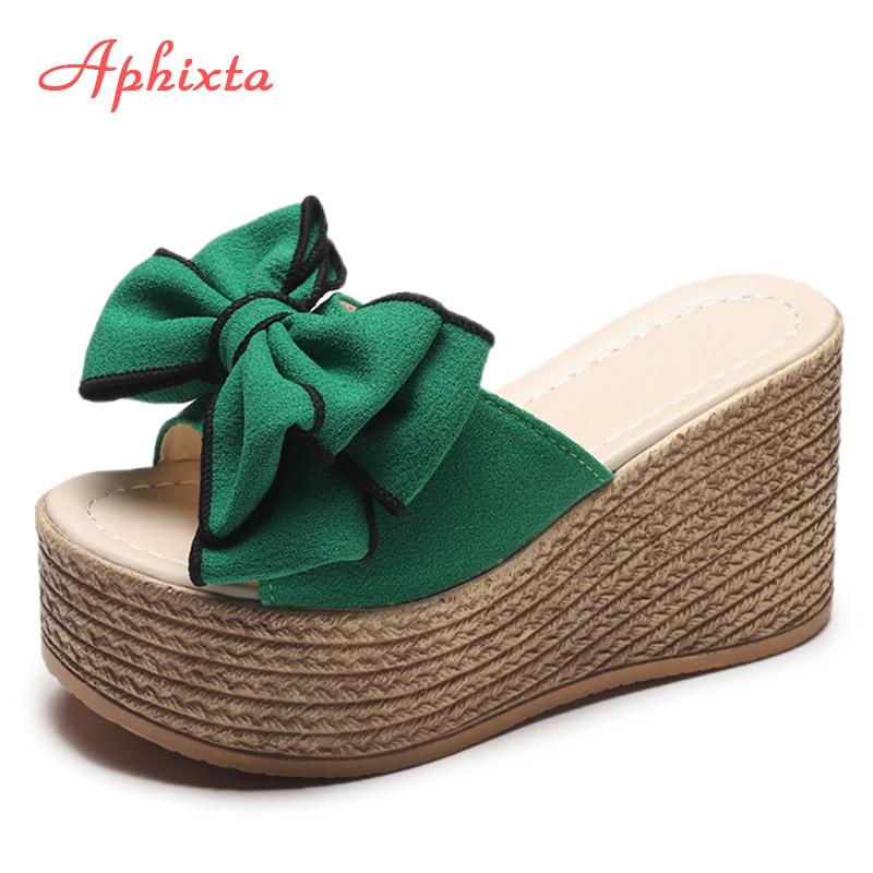 Fashion Aphixta 3.54inch Women Slippers Platform Wedge Women Slipper Appliques Slides Beach Sandals Slides Summer Ladies Mules Clog Shoe
