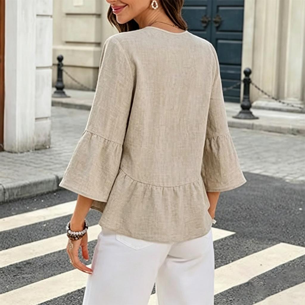 Women Casual V Neck Button Down Three Quarter Sleeve Loose Fit Top Lightweight Solid Blouse for Daily Office Wear