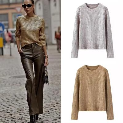 Φθινόπωρο/Χειμώνας 2024 Νέο Προϊόν Γυναικείο Νέο Μόδα Casual Ευέλικτο Casual Μεταλλικό Αποσπασματικό Φαρδύ Κοντομάνικο Πλεκτό Τοπ με Στρογγυλή Λαιμόκοψη