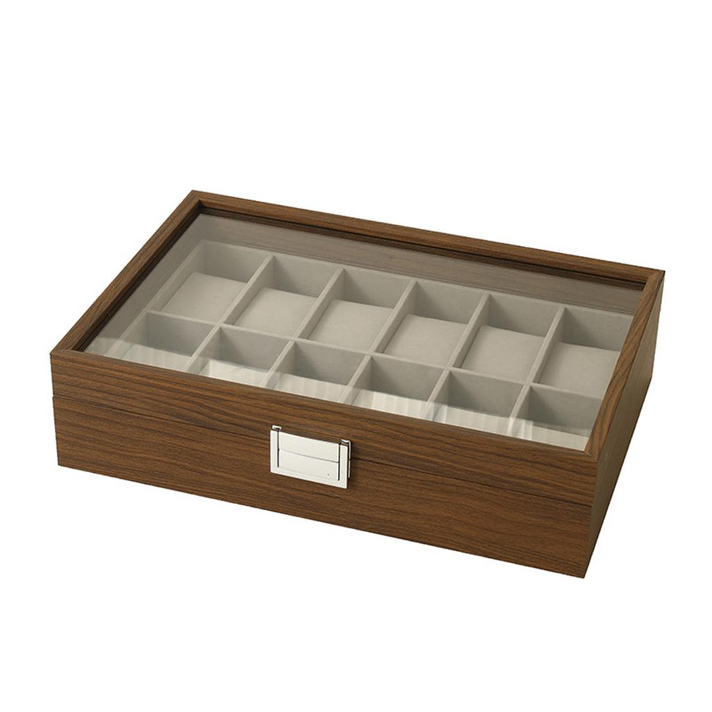 Watch Box Display Case with Glass Lid Dust Proof Watch Holder Organizer for Most Styles Walnut Grain 12 Slot