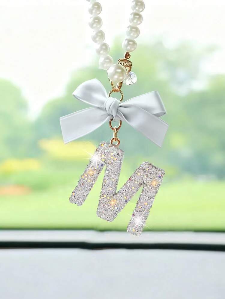 Creative Diamond Fashionable Bow Letter Car Pendant Car Rearview Mirror Decoration Exquisite English Pendant Decoration