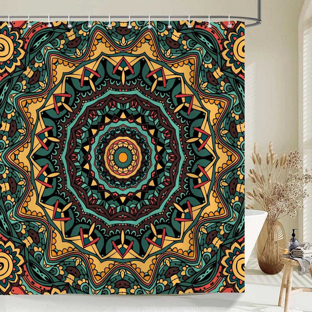 Indian  Bohemian Fabric Shower Curtain Bathroom Curtains Boho Mandala Waterproof Fabric Bath Screen Bathtub Decor with 12 Hooks