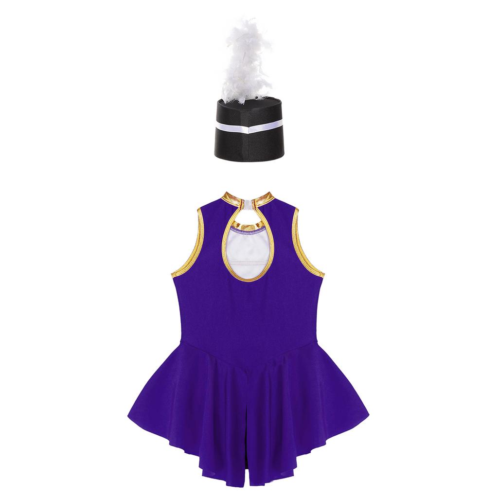 Girls Flag Raiser Performance Costume: Round Neck Cutout Back Sleeveless Leotard & Matching Feather Hat for Cosplay Dress Up