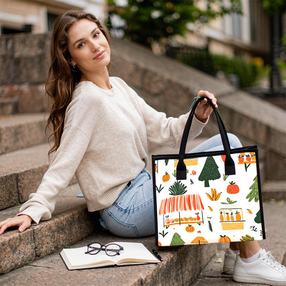 Cute Cartoon Print Canvas Tote Bag Casual Large Capacity Handbag for Daily Use