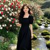 Hepburn style square collar dress women's summer new waist French white skirt Mori first love small white dress