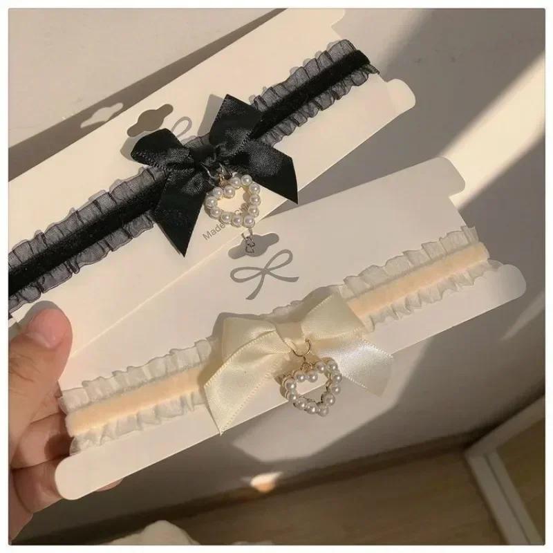 Black White Lace Necklace Vintage Ribbon Bow Gothic Heart Pendant Collar for Women Girls Sweet Lolita Jewelry 2024 New Choker