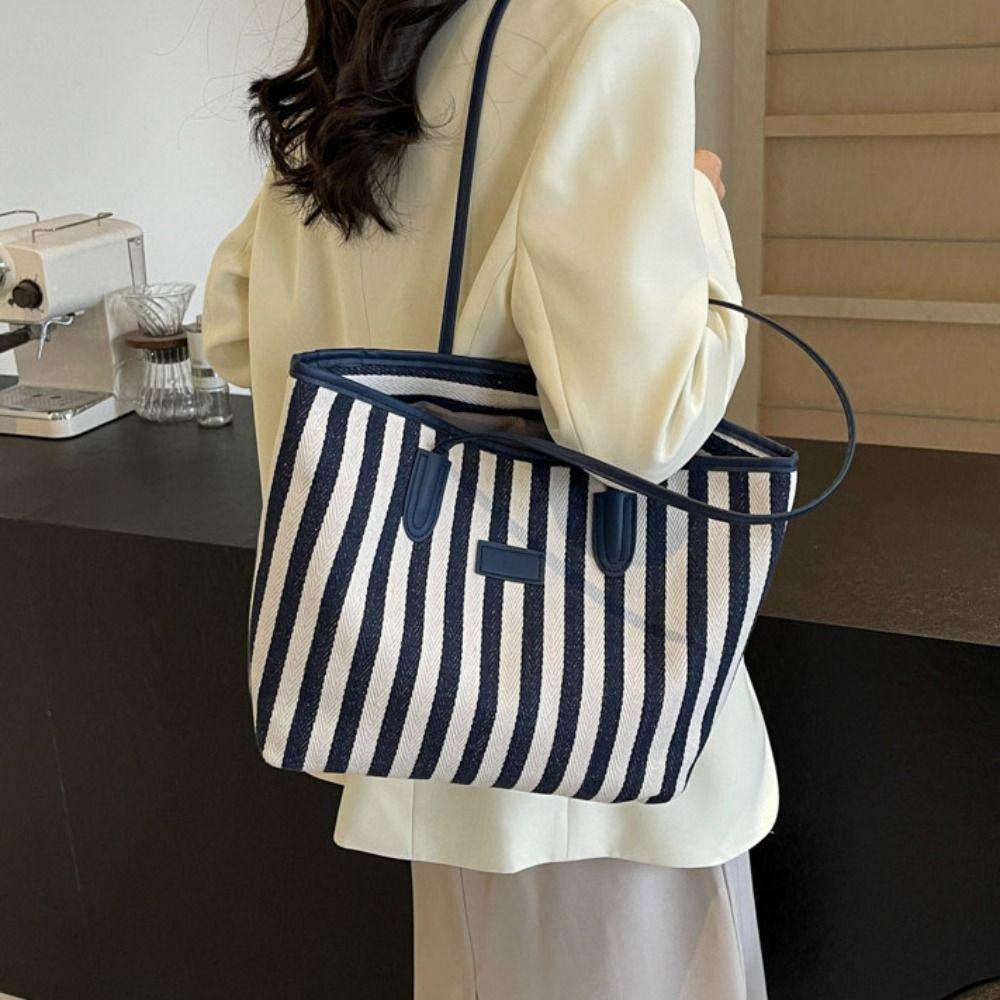 Korean Style Shoulder Bag Zipper Shopping Handbag Simple Stripe Canvas Tote Bag  Women