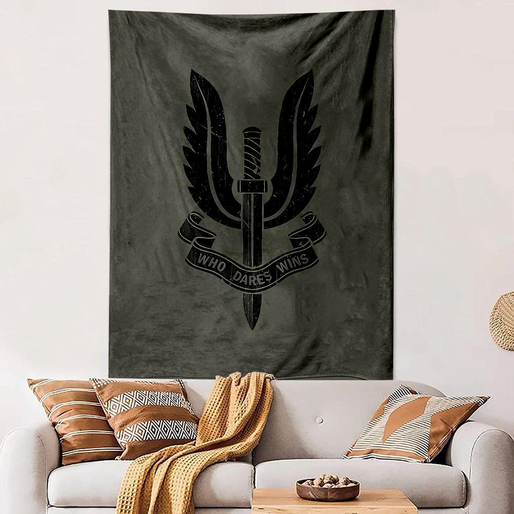 Who Dares Wins SAS Emblem Tapestry Wall Hanging, Special Forces Badge Art, Military Wall Decor for Bedroom Living Room Man Cave