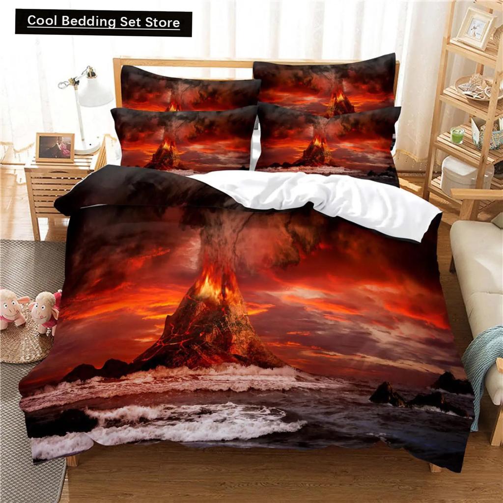 Comforter Volcano King Queen Eruption Lava Bedding Set For Kids Teens Adults Natural Disaster Molten Polyester