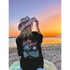 European Size Girls Round Neck Short Sleeved T Shirt with Blue Beach Pattern Print