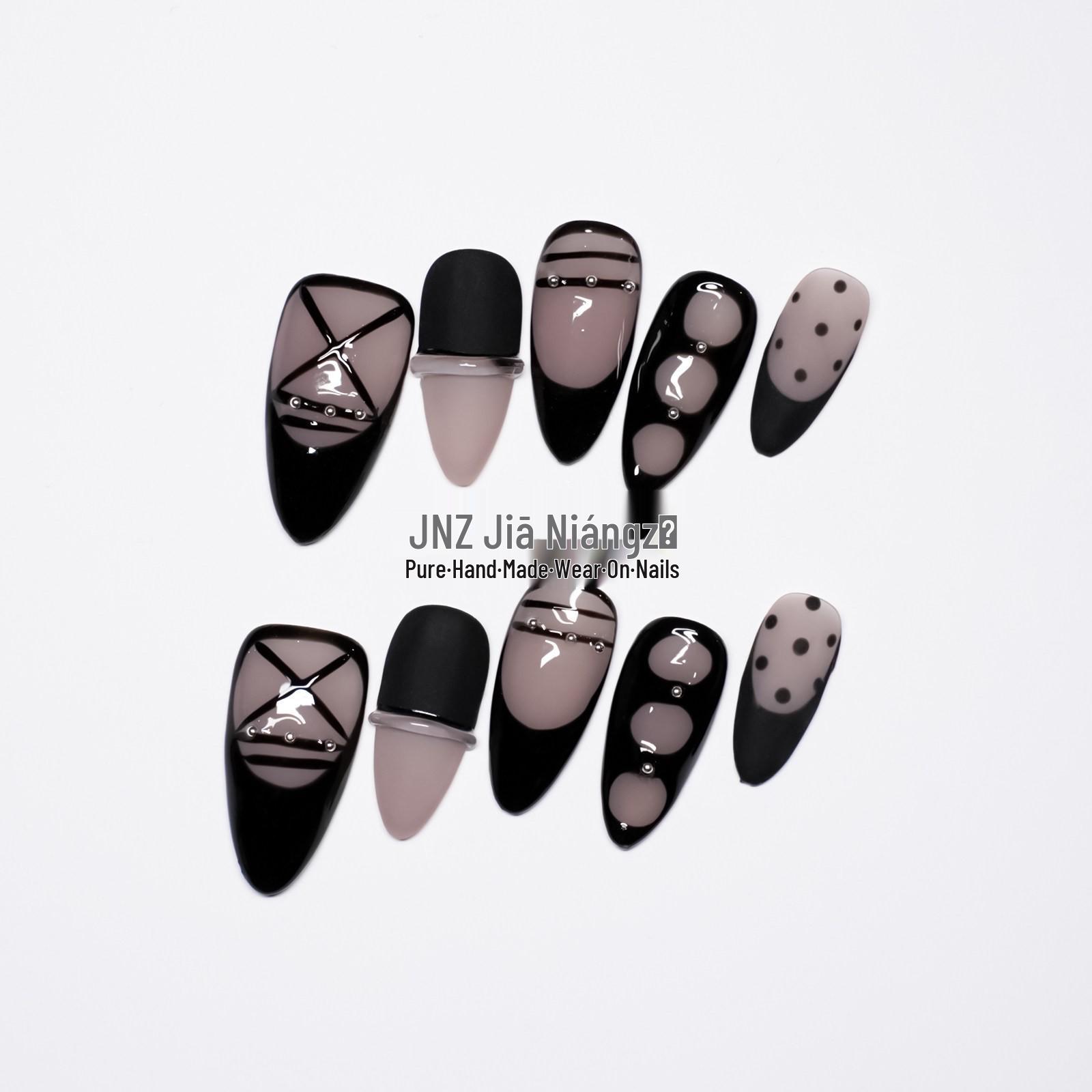 Jia Niangzi French Black Medium-Length Handmade Wearable Nails with Dark High-End Hand-Painted Lines 10 pcs Small (with toolkit)