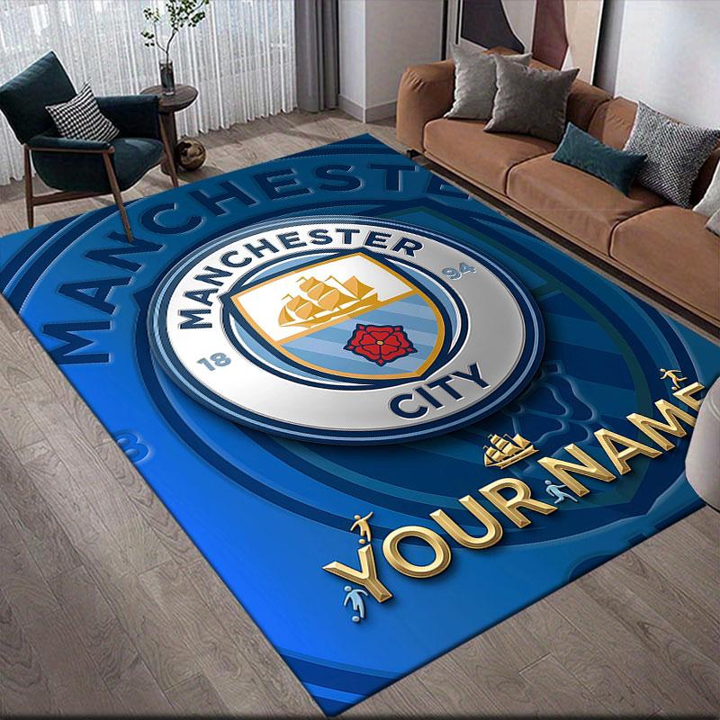 Custom Name,Man City Home Sofa Decoration for Living Room & Bedroom, Non‑Slip Play Flannel Floor Mat for Game Room