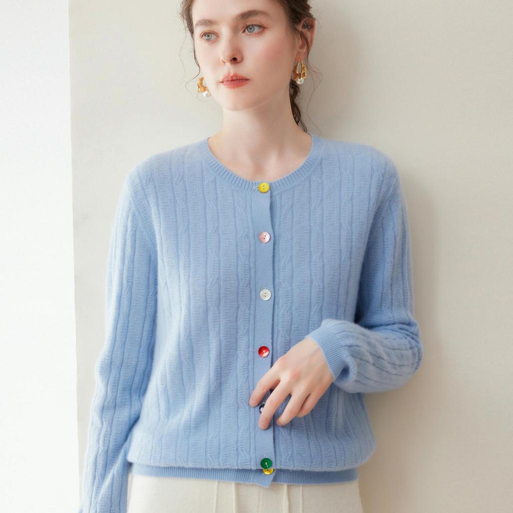 Kangsai Ni 100% Pure Cashmere Women's Slimming Round Neck Cardigan Sweater for Autumn/Winter