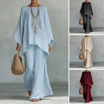 Damen Sommer Zweiteilige Loungewear Sets Fledermaus Langarm Bootausschnitt Oberteil Und Weite Beine Hose Passende Outfits
