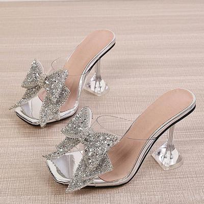 Liyke 2025 Neue Transparente Hausschuhe für Damen Mode Silber Kristall Schleife Hohe Absätze Damen Pantoletten Slides Sommersandalen Schuhe