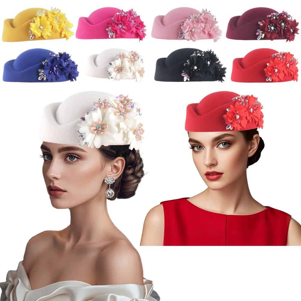 Cappello Turbante in Feltro con Fiore Moda Berretto Morbido Vintage Berretti Casual Cappellino da Tea Party per Donne