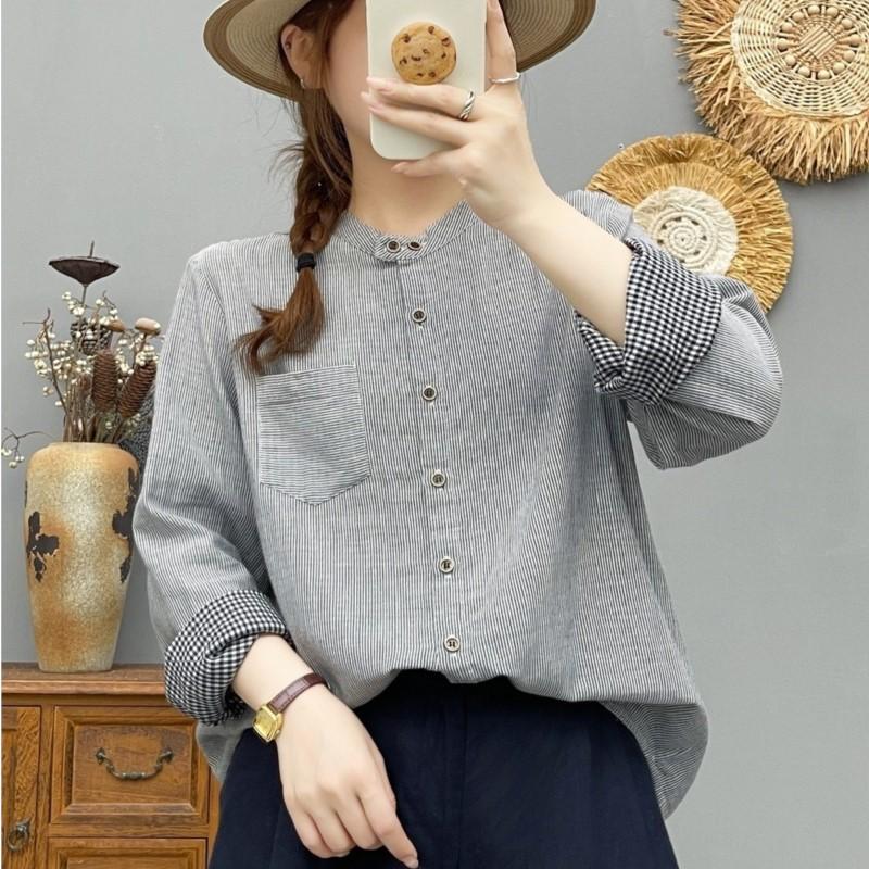 Women Striped Shirts Cotton Yarn Soft Blouses Long Sleeve Stand Collar Office Lady Tops Autumn Female Clothes