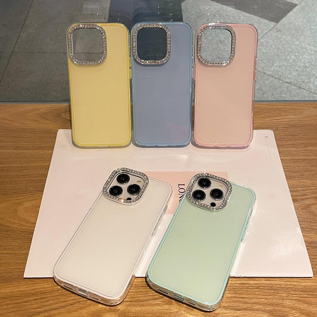 Jelly solid color mobile phone case is suitable for Apple 16promax large hole material TPU electroplated rhinestone iPhone14 set