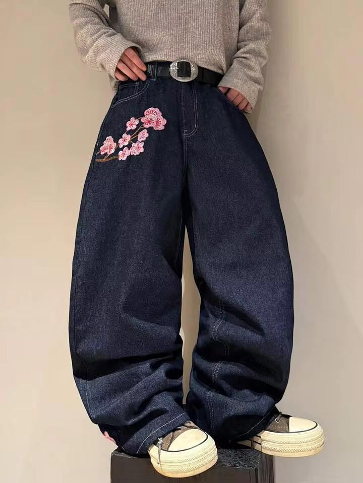 American retro heavy industry plum blossom embroidery loose denim spring and summer high street design straight mopping jeans