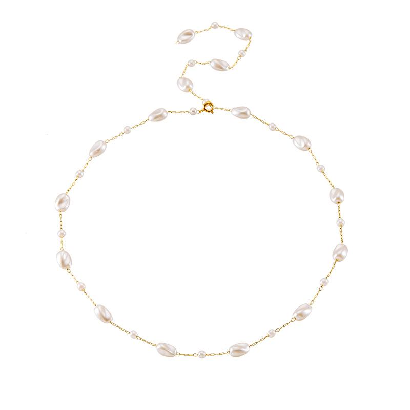 Gold Plated Baroque Freshwater Pearl Station Necklace, Stainless Steel Dainty Irregular Pearl Choker, Waterproof Elegant Jewelry for Women Gift