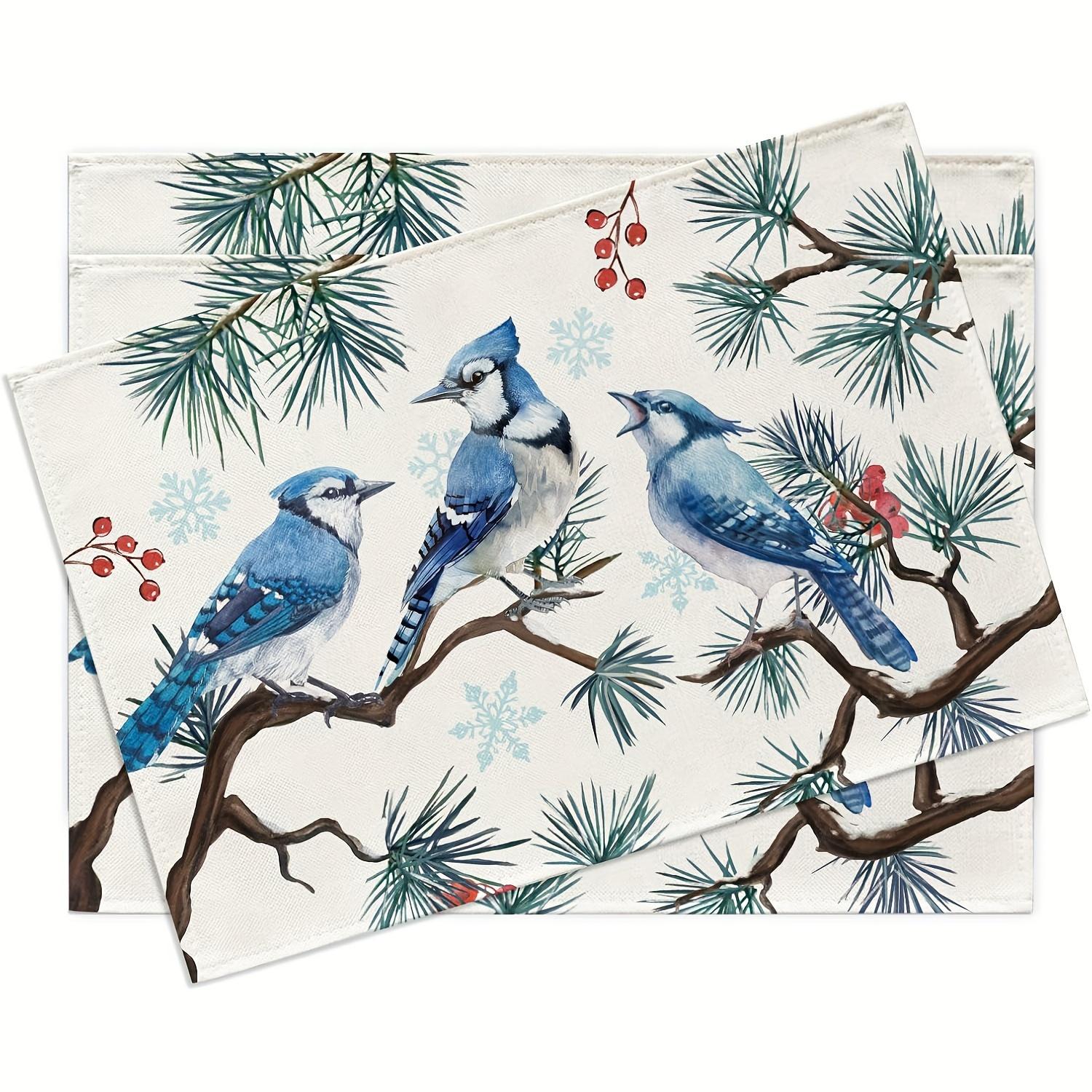 

4pcs Winter Blue Jay Placemats Bluebird & Pine Branch Design with Red Berries, Machine Washable Linen-Style Holiday Table Decor 30x45cm-4PC