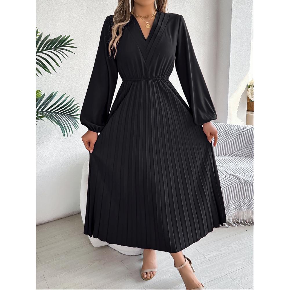 

Осенне-зимнее новое элегантное платье с тройным V-образным вырезом, длинными рукавами, присборенной талией и складками S чёрный