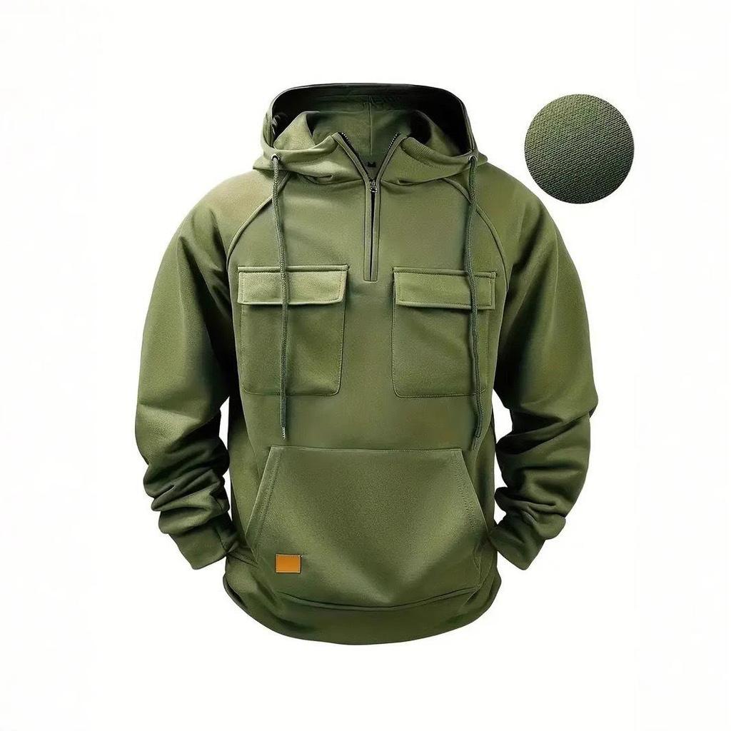 Men's American Retro Fleece Hooded Sweatshirt - Autumn/Winter Multi-Pocket Pullover Jacket