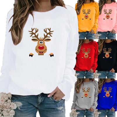 Women Autumn and Winter Clothing Christmas Deer Printed Casual Sweatshirt Long Sleeve Tops T-shirt Ladies Round Neck Pullover Blouse