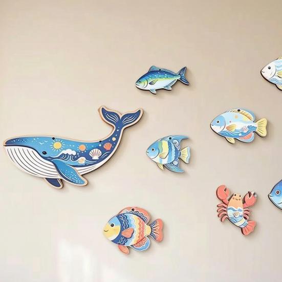 9 Pcs Summer Wood Nautical Beach Wall Decor Coastal Fish Lobster Whale Wall