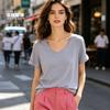 Versatile Style Gray Loose Mulberry Silk V-neck Top, Light Luxury Solid Color Cotton and Linen Short-sleeved T-shirt Women's High-end T-shirt