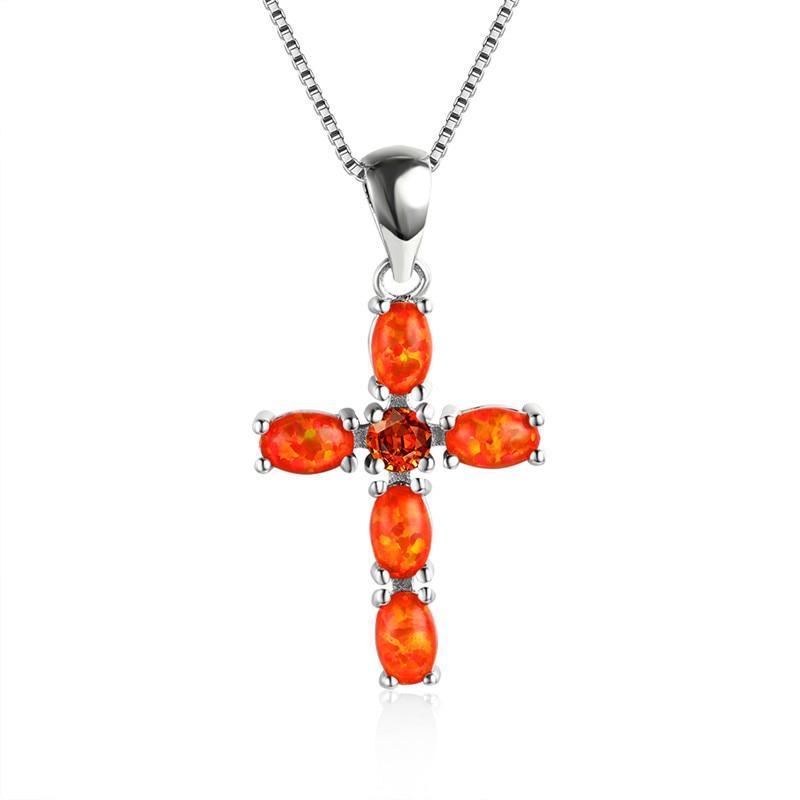White Green Orange Opal Cross Pendant Birthstone Necklaces For Women Vintage Fashion 925 Silver Chain Red Blue Zircon Necklace