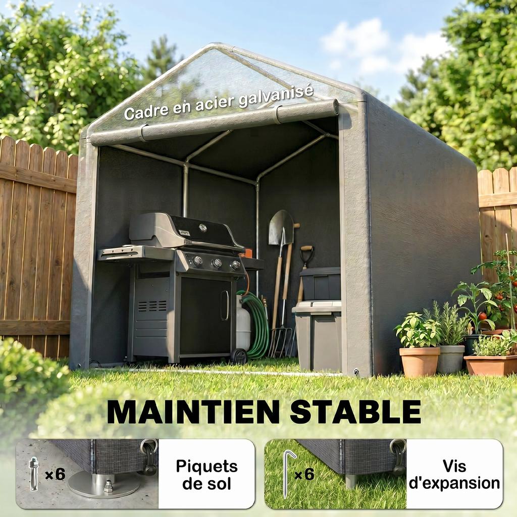 Waterproof storage tent garden shelter, motorcycle shelter with roll-up door and zipper, 160 x 218 x 172 cm, light gray