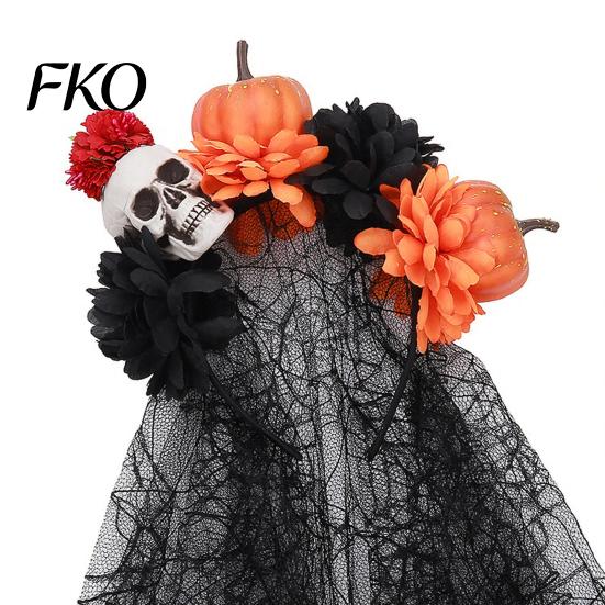 Halloween Costume Headband Pumpkin Skull Floral Headband, Stable Hair Hoop with 3D Artificial Spiderweb Flowers And Black Gauze Gothic Party