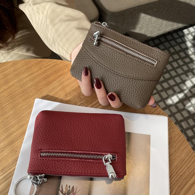 Change Bag Women's Short Small and Thin Zipper Change Bag New First-layer Cowhide Coin Key Storage