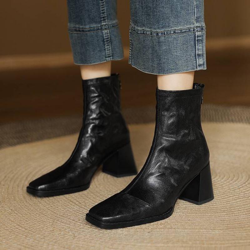 Autumn and winter women's leather boots high heel large size women's boots zipper leather low tube student square head versatile cowhide short boots