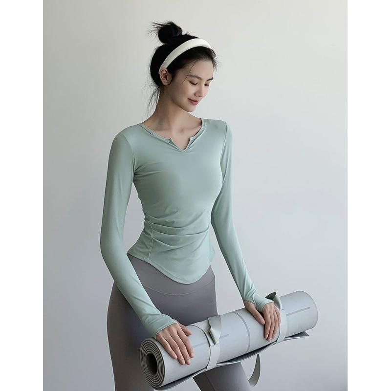 Women's Beige Sports Long Sleeve Top V-neck Side Ruched Stretchy Fitted Yoga Activewear