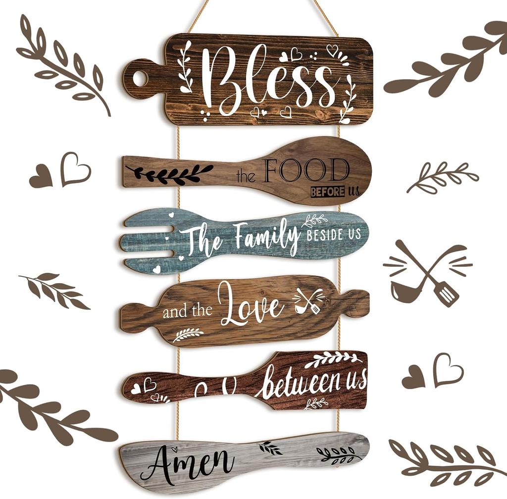 Geetery 6 Pcs Bless The Food Before Us Sign Farmhouse Kitchen Wall Decor Dining Room Decorations Collage Wall Rustic Hanging Wooden