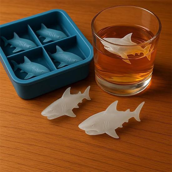 Silicone Ice Cube Mold Shark Shape 4-Grid Flexible Non-Stick Ice Tray for Whiskey Cocktails Juices BPA-Free Dishwasher Safe Multi-Purpose Mold