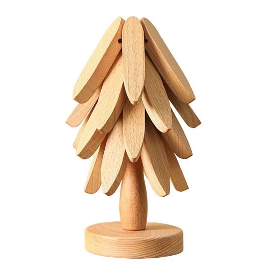 Yousheng Christmas Tree Trivet Set Wooden Coasters with Stand Heat-Resistant Pot Holders Festive Table Protector for Hot Dishes