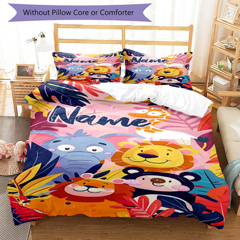 3pcs Custom Name Animals Bedding Set Duvet Cover Closure Includes 1 Duvet Cover & 2 Pillowcases, Soft and Comfortable for All Seasons.