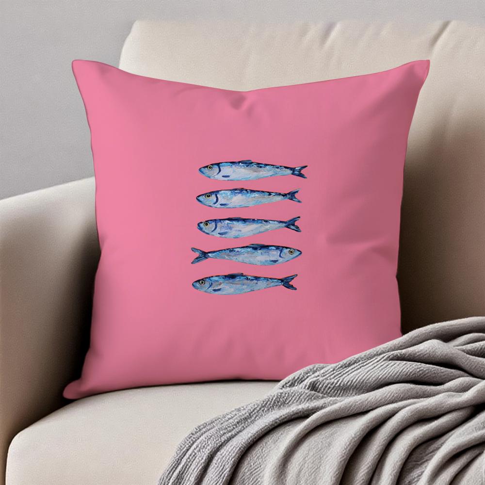 Cute Coastal Charm Sardines Art Design Cushion Cover Pillowcase Antidustmite Invisible Zipper Short Plush Sofa Cushion