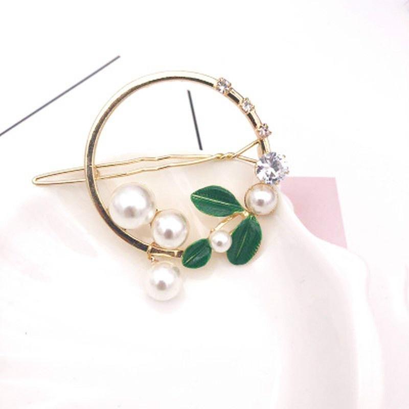 Yeni Moda Kadın Kız Altın/Yeşil Yaprak Metal Daire Ay Saç Klipleri Alaşım Yuvarlak İnci Tokalar Tutacak