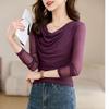 Autumn Elegant Slimming Blouse Women Long Sleeve Mesh Tops Fashion Drape Neck Slim Fit Tee Basic Shirt